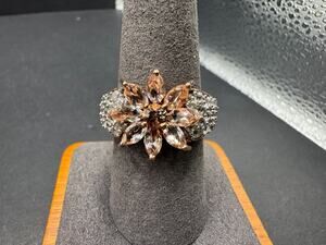 STS 925 Sterling Silver Rose Gold Champagne Marquise Flower Cluster Ring Sz 9